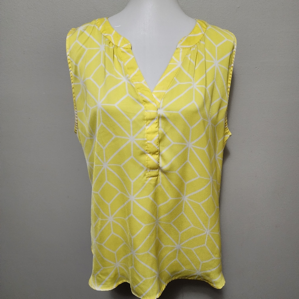 Hanna & Gracie Yellow Geo Satin Knit Contast Sleeveless Blouse Size XXL